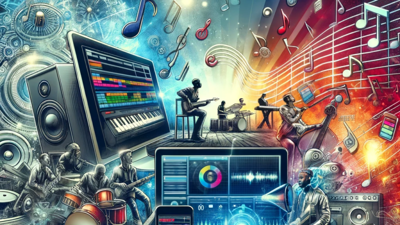 Zdjęcie przedstawia dynamiczny i różnorodny kolaż, reprezentujący online przemysł muzyczny. Widoczny jest ekran komputera, na którym wyświetlana jest cyfrowa platforma muzyczna, a także smartfon z aplikacją do streamingu muzyki. Obok znajduje się laptop, na którym muzyk przeprowadza koncert online. Wokół tych elementów unoszą się nuty muzyczne, symbolizujące dystrybucję muzyki cyfrowej. Tło kompozycji ma nowoczesny, cyfrowy charakter, z abstrakcyjnymi elementami reprezentującymi internet i technologię cyfrową. Kolory są żywe i przyciągające uwagę, co odzwierciedla energetyczną i innowacyjną naturę przemysłu muzycznego w epoce cyfrowej.